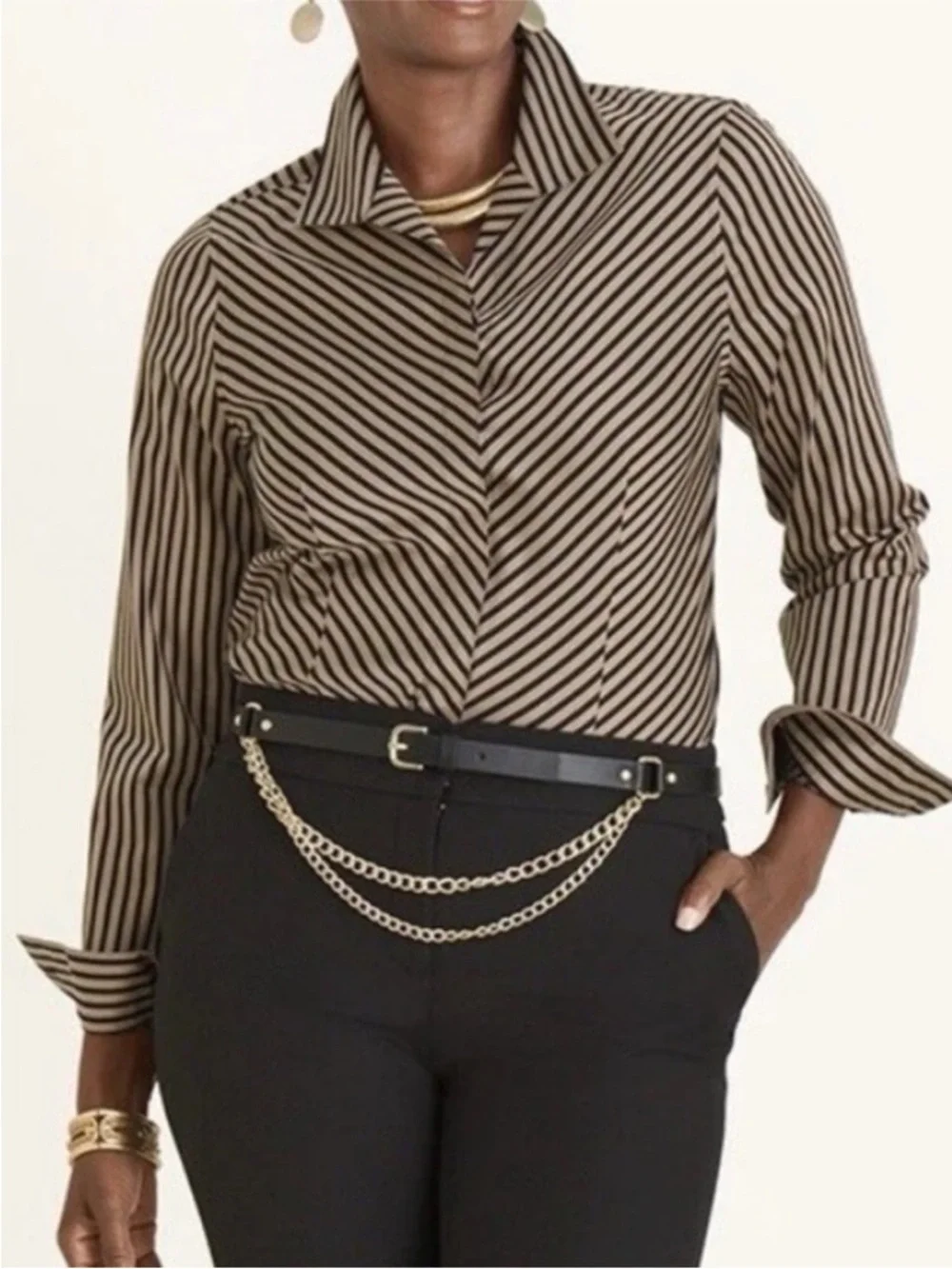 NWT Chico’s No-Iron Slimming Imperial Stripe Blouse Tan Black
